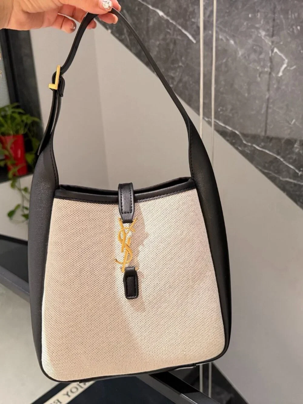 Saint Laurent Two-Tone Canvas Black Leather Hobo Bucket Bag